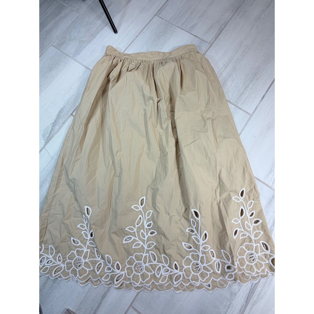 Loft Tan Khaki Floral Eyelet Scalloped Midi Skirt Size 12 Cotton A-Line RN140923